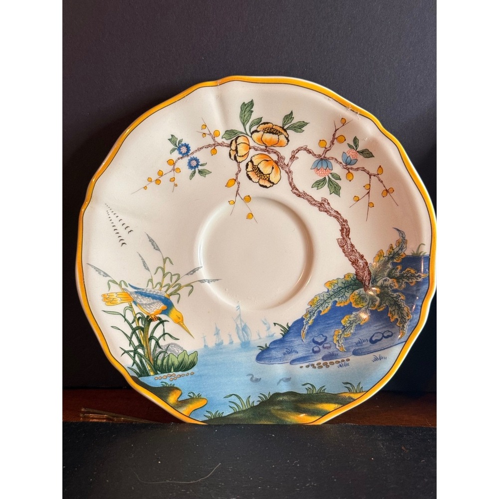 Gien France Magellan Caraibes Saucers Set of 3 Tropical Kingfisher Bird 6 inch